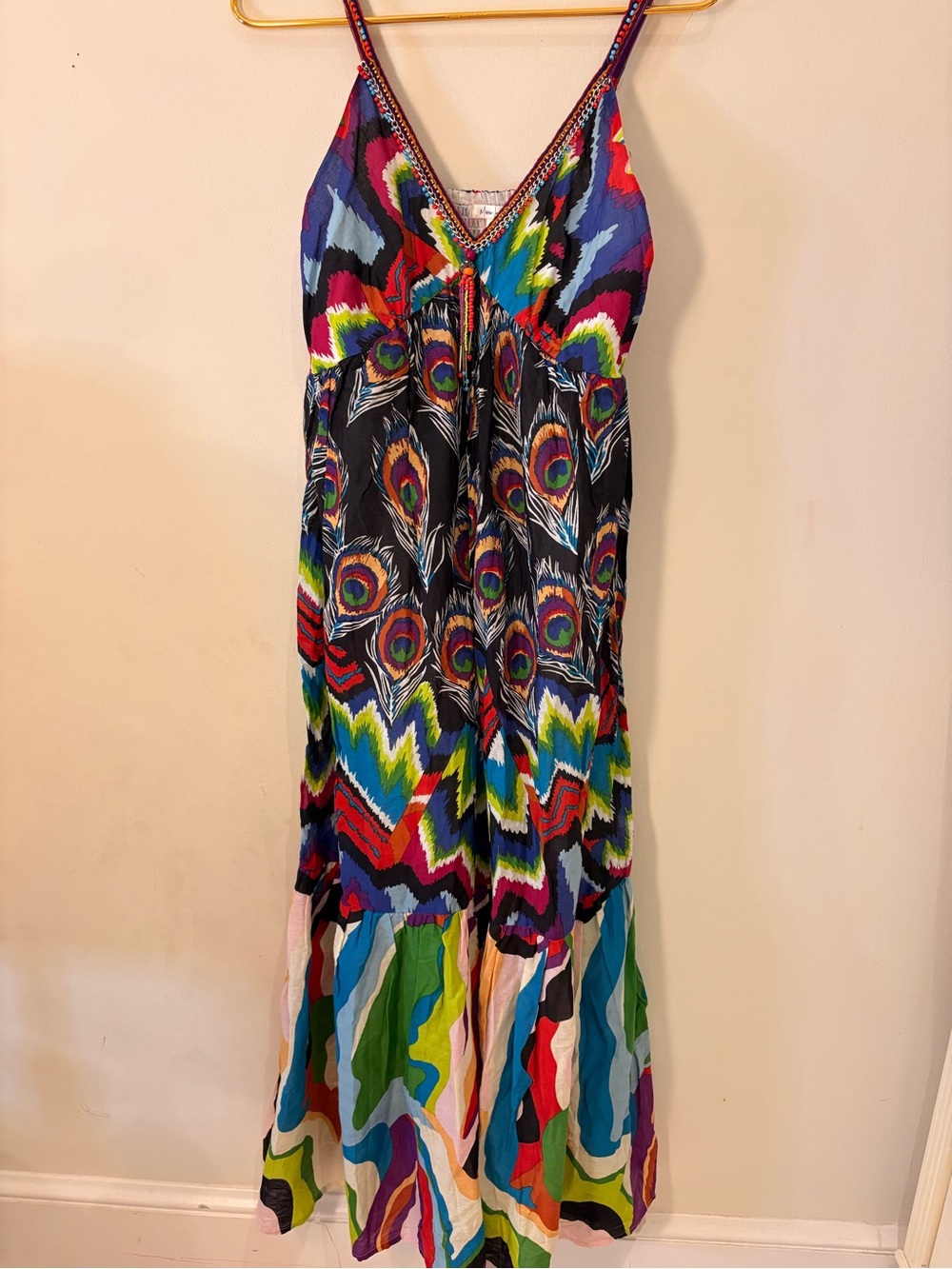 Mirror Image Peacock-Print Multi Color Flounced Maxi Dress Beaded Accents Sz M